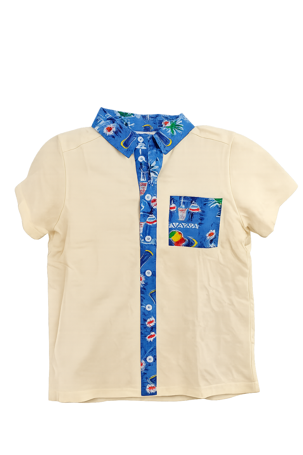 Chemise enfant manches courtes jaune – Col et poche imprimés tropicaux