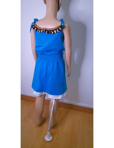 Ensemble filles jupe et top bleu ciel et wax multicolore motifs vagues(2-7ans)