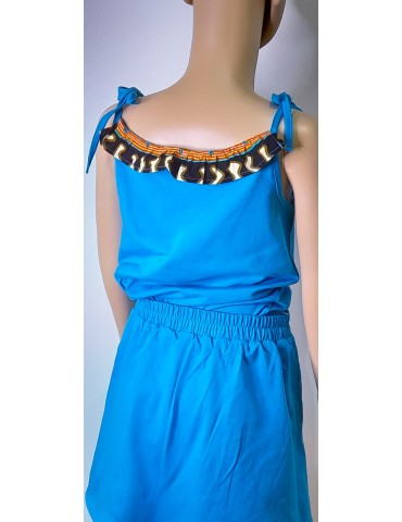 Ensemble filles jupe et top bleu ciel et wax multicolore motifs vagues(2-7ans)