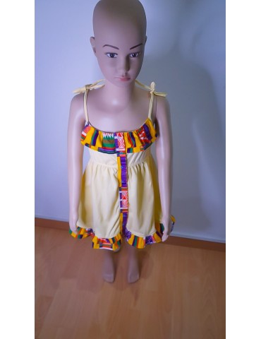 Robe à Bretelles Jaune ivoire Clair et imprimé Wax violet