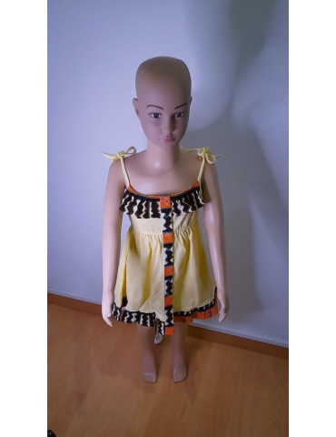 Robe à Bretelles Jaune ivoire Clair et imprimé Wax