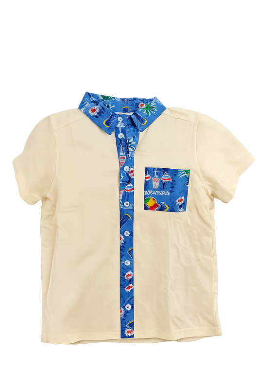 Chemise enfant manches courtes jaune – Col et poche imprimés tropicaux